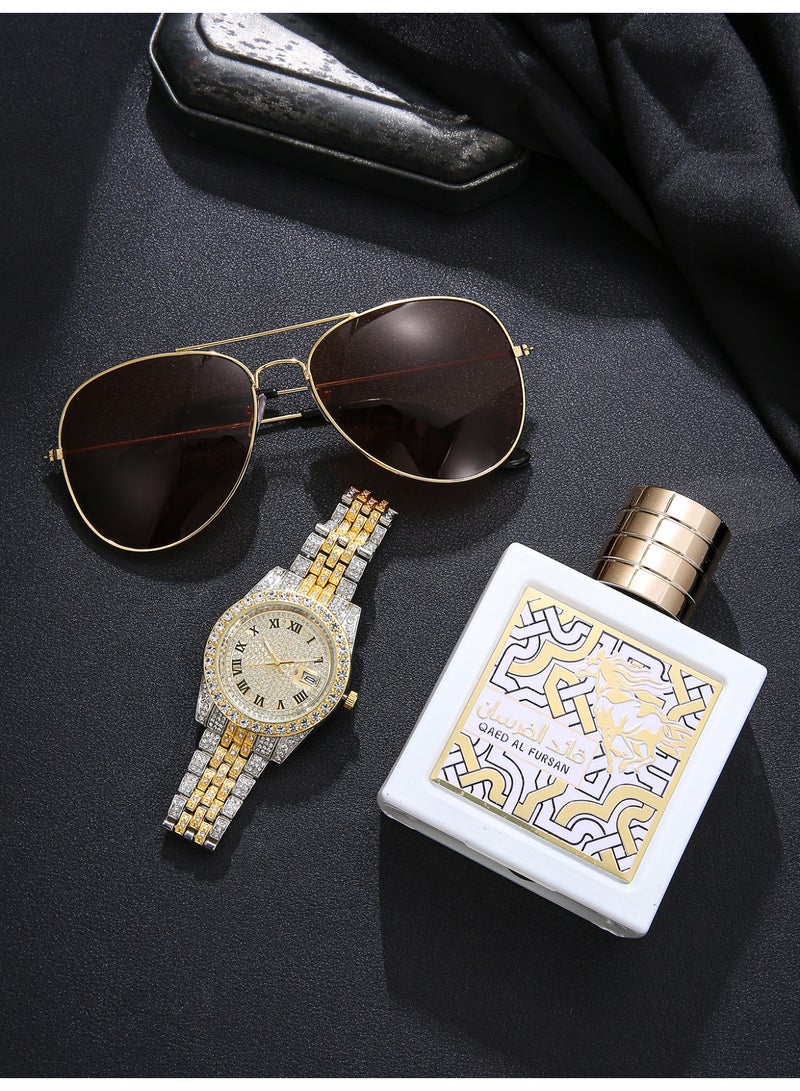 3pcs سادة ساعة جناح، الفاخرة أنيقة مع تقويم ساعة الكوارتز + عطر + النظارات، مناسبة له هدية عيد ميلاد مثالية - Image 4